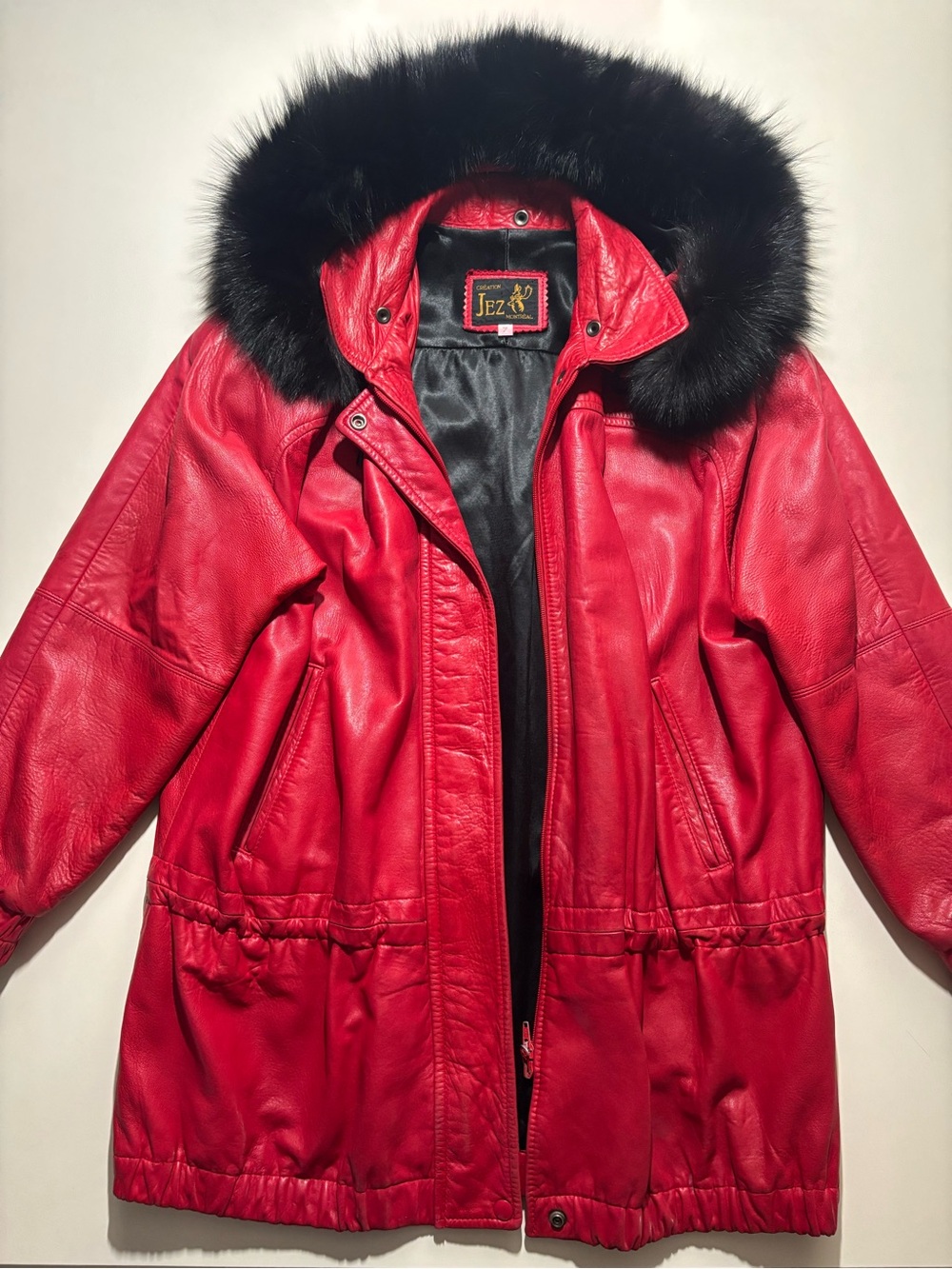 Vintage quality Red Leather Hooded Jacket with removable Black Fur Trim hoodie